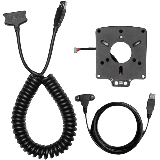 Zwart metalen 3D-printer bedieningspaneel met coiled USB-kabel en aansluitingen, geschikt voor precisieprinten en bediening van 3D-printers.