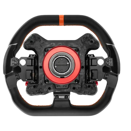 Zwart racestuur met oranje contrastnaden en kleurrijke knoppen voor gaming. Grote centrale logo en multifunctionele bediening voor simulatiespelletjes.