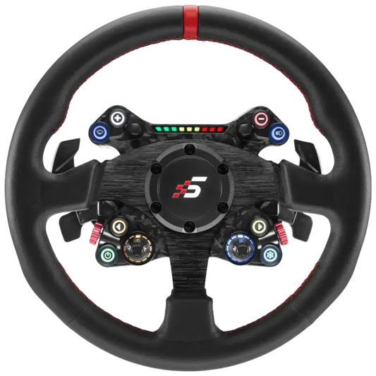 Zwart stuurwiel met rode contrastnaden en glanzende knoppen, uitgerust met een centraal logo en kleurrijke LED-indicatoren voor racegames. Geschikt voor gaming en simulaties, met realistische textuur en bedieningsknoppen.