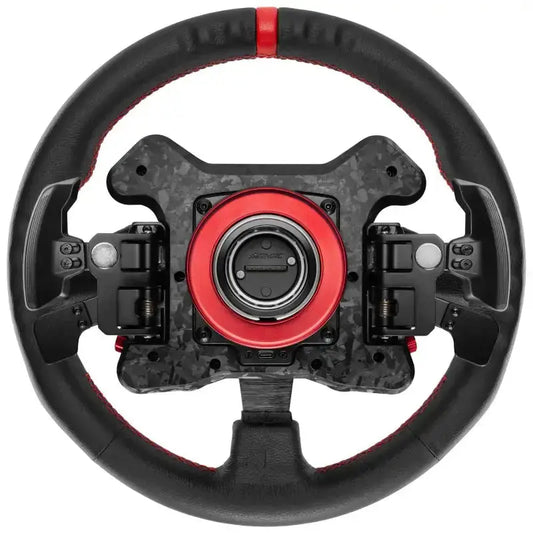 Zwart stuurwiel met rode contrastnaden en glanzende knoppen voor racegames. Centraal geplaatst logo met kleurrijke LED-indicatoren voor gaming.
