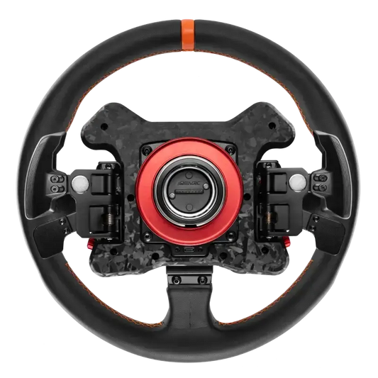 Zwart racestuur met oranje contrastnaden en kleurrijke knoppen, uitgerust met een centraal logo en multifunctionele bediening voor virtuele racegames. Geschikt voor intensieve simulaties en gaming-ervaringen.