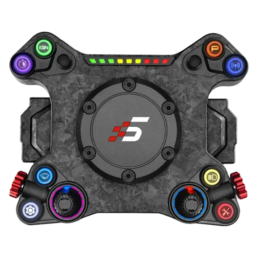 Zwart racestuur met kleurrijke LED-knoppen en het logo 'S' in het midden, speciaal ontworpen voor racegamecontrollers. Geavanceerd stuur met draaiknoppen en functieknoppen voor optimale gamingervaring.