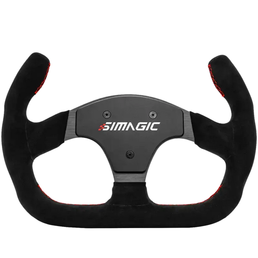 Zwart racingstuur met rood contraststiksel en het SIMAGIC-logo op de centrale metalen plaat, speciaal ontworpen voor virtuele racegames en simulaties.