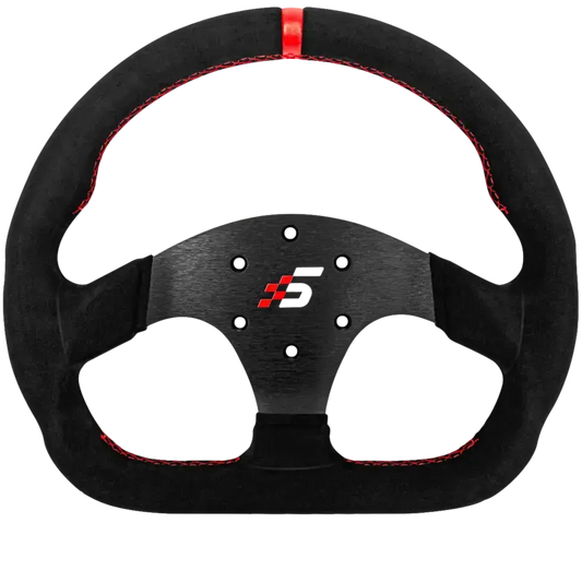 Zwart stuurwiel met rode contrastnaden en checkered logo, geschikt voor race- en gamingstoelen. Gemaakt van textiel met metalen centrum, perfect voor sportieve rijervaringen.