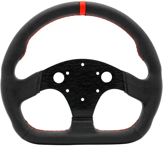 Zwart stuurwiel met rood contraststiksel en logo, gemaakt van textiel met een sportieve uitstraling. Geschikt voor gaming en race-automobiel simulatoren.