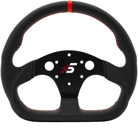 Zwart stuurwiel met rood contraststiksel en logo, gemaakt van textiel met een sportieve uitstraling. Geschikt voor gaming en race-achtige simulaties.