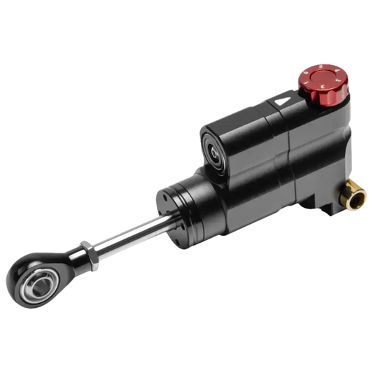 Zwart metaal stuurkolomverstuurder met rode draaiknop en goudkleurige fitting, geschikt voor motorfietsen. Precisiecomponent voor stuurmechanisme met zichtbare schroefdetails.