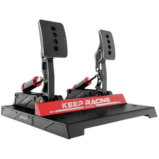 Zwart metalen racepedaalset met rode accenten en “KEEP RACING” logo, geschikt voor racegames. Robuust ontwerp met verstelbare voetpedalen voor realistische simulatie.