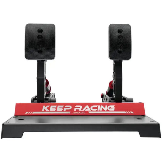Zwarte racingpedalen met rode accenten en “KEEP RACING” logo, geschikt voor race-game simulators. Metalen constructie met textuur, voor realistische stuurervaring in virtuele raceomgevingen.