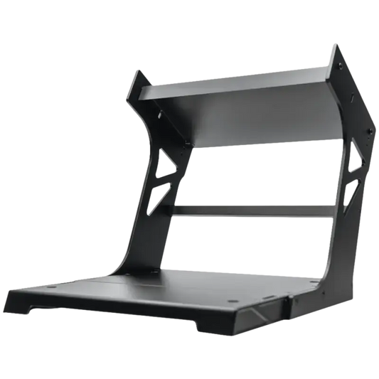 Zwart metalen laptopstandaard met verstelbare hoogte en stevige constructie, geschikt voor gaming en werkplek. Ideaal voor comfortabel gebruik tijdens lange sessies.
