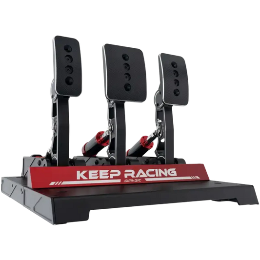 Een zwarte racingpedaalset met rood accent, uitgerust met drie pedalen en een “KEEP RACING”-plaat. Geschikt voor race-game simulators en realistische stuurervaring.