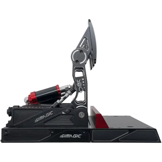 Een zwarte racepedaalset met rood accenten en ‘KEEP RACING’ logo, geschikt voor racegame simulatie. Metalen constructie met drie pedalen voor realistische stuurervaring.