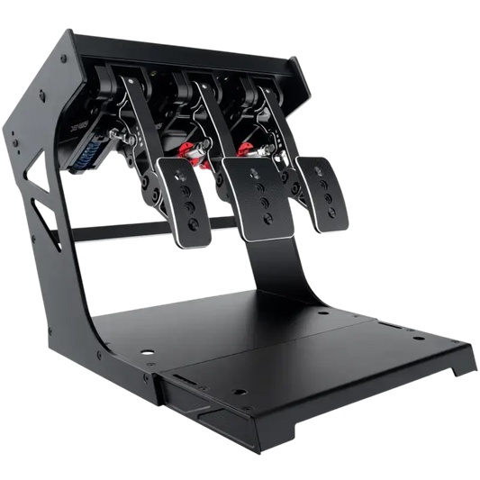 Zwart racepedaalset met textuurde voetplaten en zichtbare mechanische onderdelen, geschikt voor racegames. Robuust metaalframe met rode details voor realistische stuurervaring.
