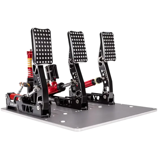 Zwart metalen racepedaalset met LED-verlichting en rode veermechanismen, geschikt voor race- en simulatiesimulators. Gebruik voor realistische stuurervaring in gaming- en raceomgevingen.