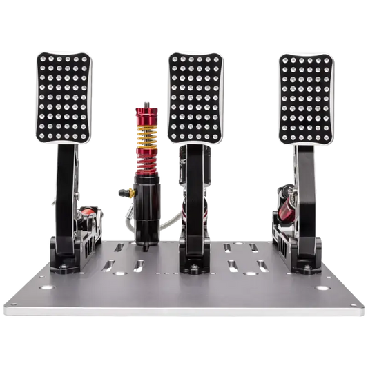 Zwart metalen racepedaalset met LED-verlichting en rode veermechanismen, geschikt voor race- en simracers. Geoptimaliseerd voor realistische stuurervaring in virtuele racingsimulatoren.