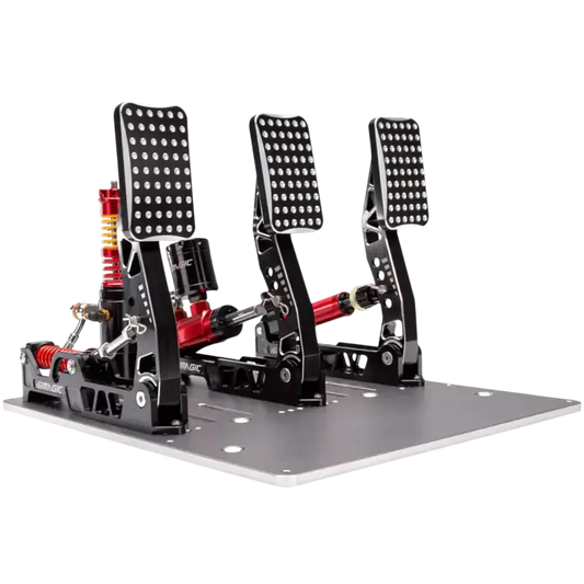 Zwart metalen racepedaalset met LED-verlichting en rode veermechanismen, geschikt voor race- en simracers. Geoptimaliseerd voor realistische stuurervaring in gaming- en raceomgevingen.