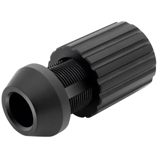Zwart metaal koppeling met ribbelvormige grip en schroefdraad, geschikt voor precisieapparatuur. Gebruik als montageonderdeel in industriële en technische toepassingen.