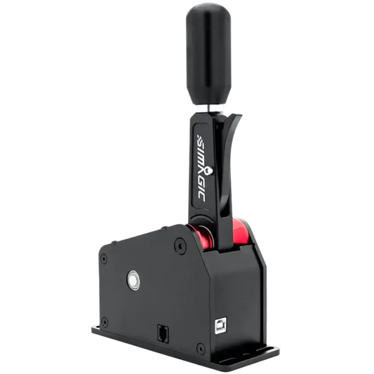 Zwarte Simagic schakelaar met glanzend handvat en rode details, geschikt voor gaming en professionele toepassingen. Compacte constructie met zichtbare USB-poorten en montageschroefgaten.