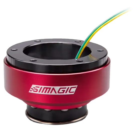 Een rood-zwart SIMAGIC krachtdraaikop met zichtbare groene en gele kabels, geschikt voor raceauto’s en motorsport. Metalen constructie met precisiegezichtbare montagegaten.