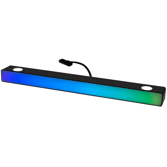 Een zwarte, rechthoekige LED-lamp met een kleurrijke, glanzende blauw-groene verlichting. Geschikt voor sfeerverlichting in woonruimtes of bij avondfeesten.