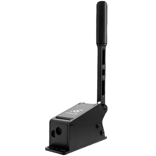 Zwarte draadloze antenne met metalen behuizing en verticale stang, geschikt voor gebruik in industriële of commerciële omgevingen. Compacte ontwerp met zichtbare aansluitingen en merklogo.