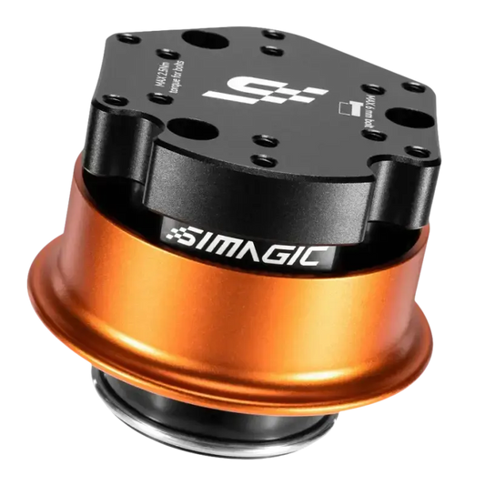 Een glanzend oranje Simagic motorhuis met zwarte bovenkant, voorzien van gaten en het merklogo. Geschikt voor RC-auto’s en modellen, met duidelijke specificaties voor montage.