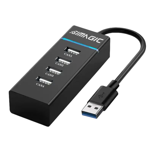 Zwarte USB 3.0 hub met vier poorten, blauwe LED-indicator en USB-kabel. Geschikt voor gaming en multitasking met hoge snelheid.