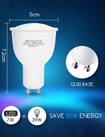 Een witte GU10-LED-lamp met warm wit licht, voorzien van CE-keurmerken en een draadloze smartphone-app voor verlichtingscontrole. Geschikt voor smart home-gebruik en energiezuinige verlichting.