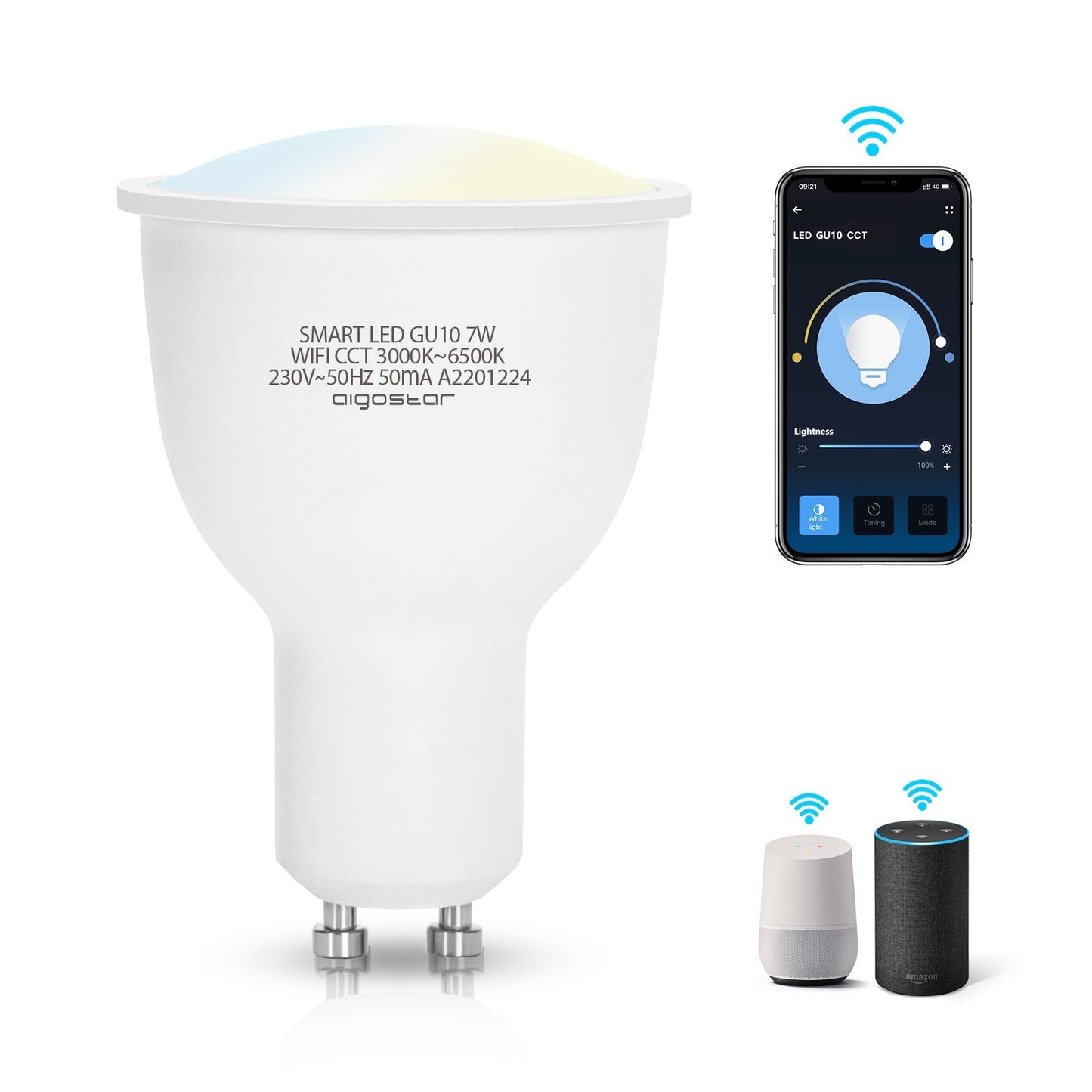 Een witte GU10-LED-lamp met warm wit licht, voorzien van CE-keurmerken en een draadloze smartphone-app voor verlichtingscontrole. Geschikt voor smart home- en energiezuinige verlichting.
