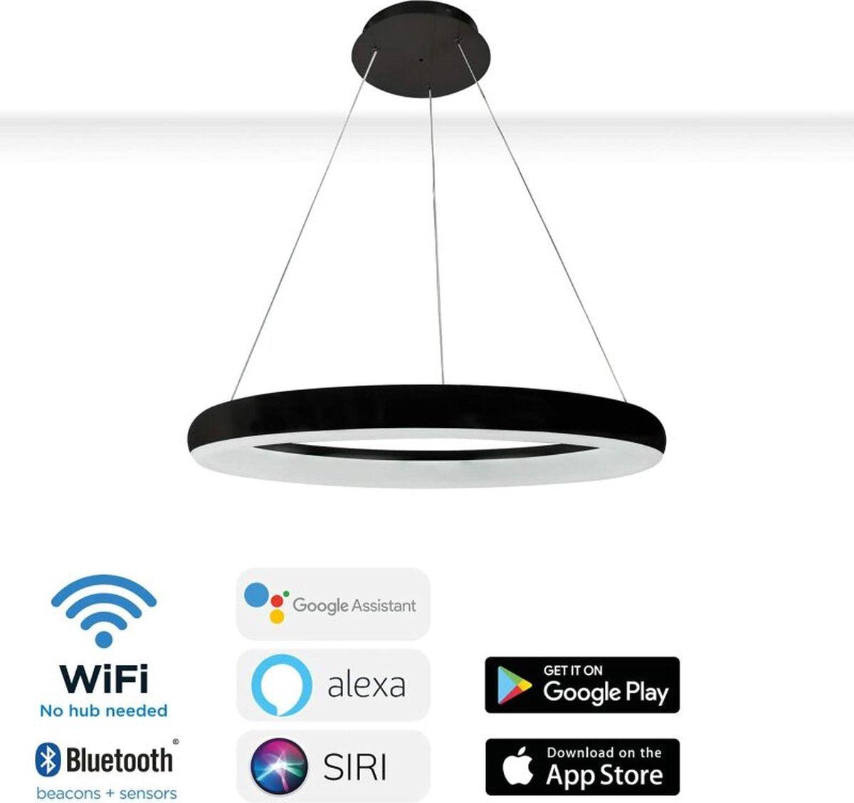 Smart LED Hanglamp ring 60 cm - Bedienbaar met afstandsbediening en app - White & Color - Zwart