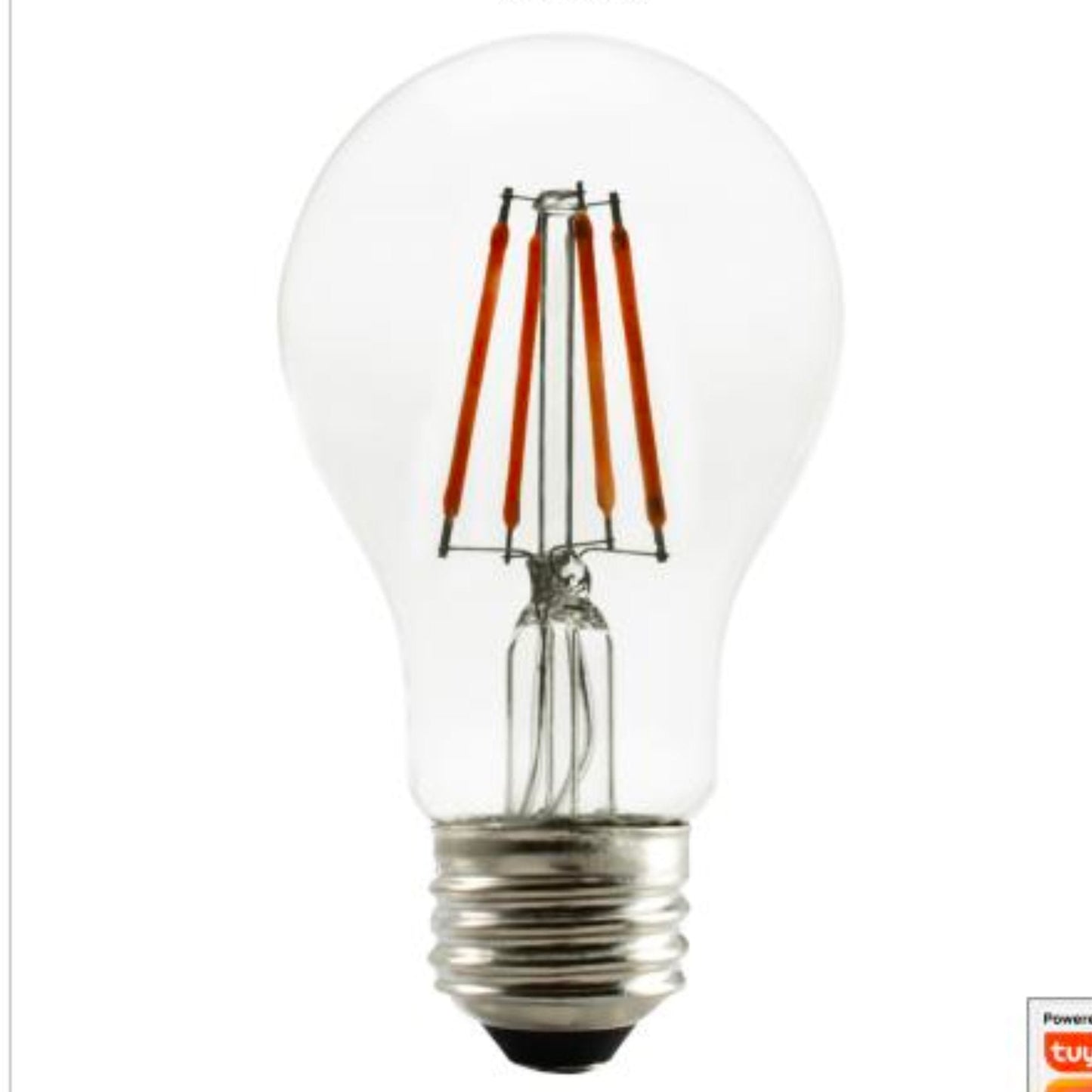 Een klassieke glazen filamentlamp met zichtbare oranje draadjes en een zilverkleurige E27-schroefdraad, geschikt voor vintage verlichting in woon- en interieurprojecten.