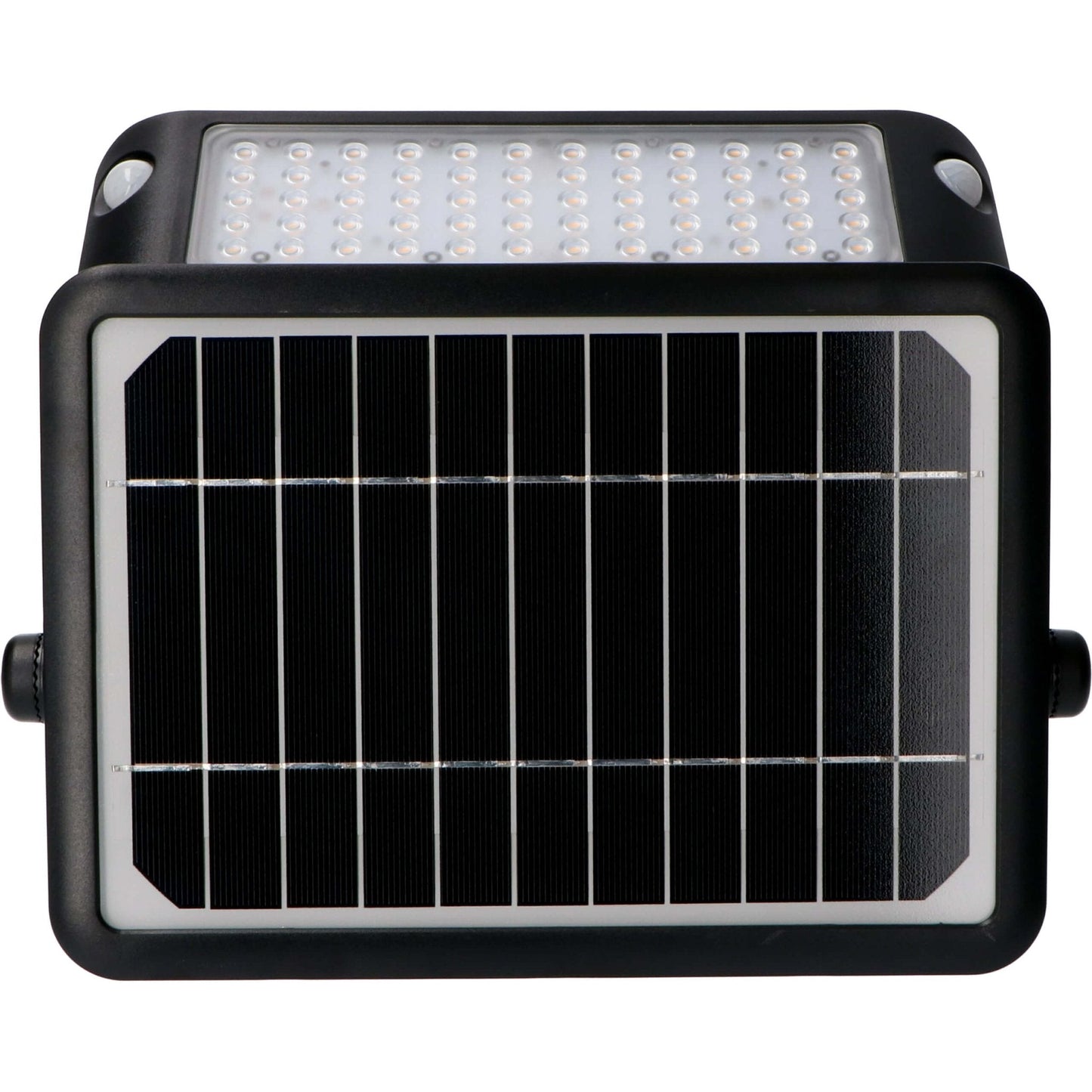 Zwarte zonne-LED wandlamp met helder verlichte panelen, gemonteerd op een bakstenen muur. Ideaal voor buitenverlichting en tuinverlichting, met zichtbare zonnecellen en schakelaars.
