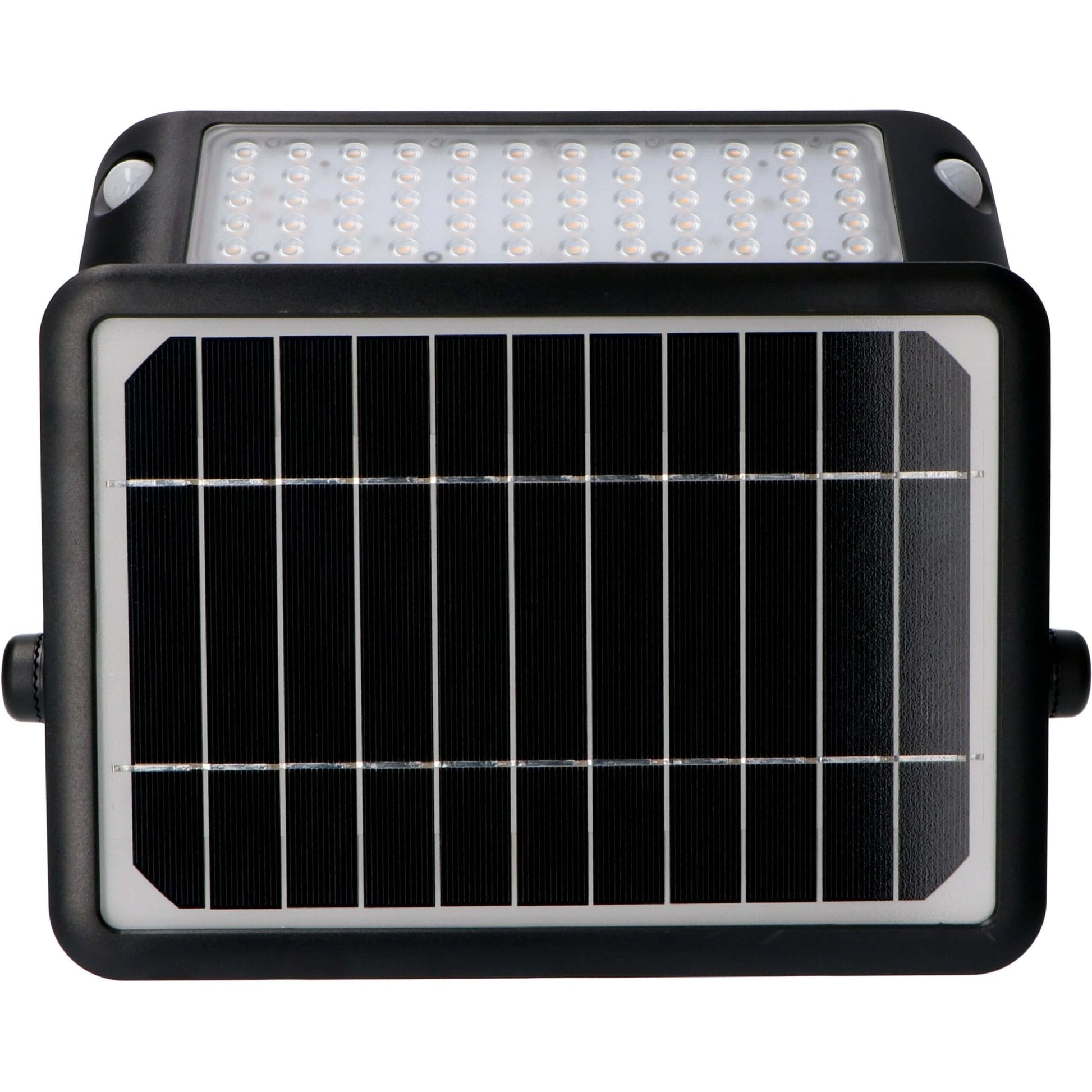 Zwarte zonne-LED wandlamp met helder verlichte panelen, gemonteerd op een bakstenen muur. Ideaal voor buitenverlichting en tuinverlichting, met zichtbare zonnecellen en schakelaars.