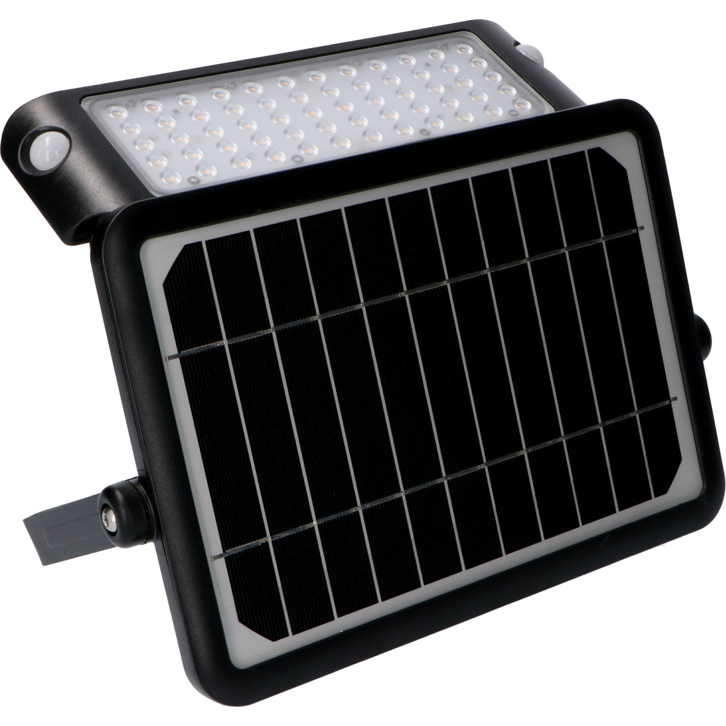 Zwarte zonnepanelenverlichting met warm wit licht, gemonteerd op een bakstenen muur. Ideaal voor buitenverlichting en tuinverlichting, met zichtbare schakelaar en zonnepaneel.