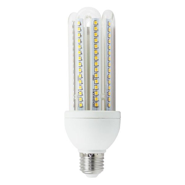 Een witte LED-lamp met E27-schroefvoet en drie verticale LED-balken, geschikt voor energiezuinig verlichting in huishoudens en kantoren.