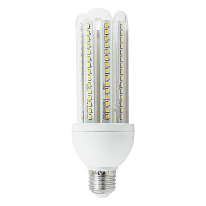 Een witte LED-lamp met E27-schroefvoet en drie verticale LED-balken, geschikt voor energiezuinig verlichting in huishoudens en kantoren.