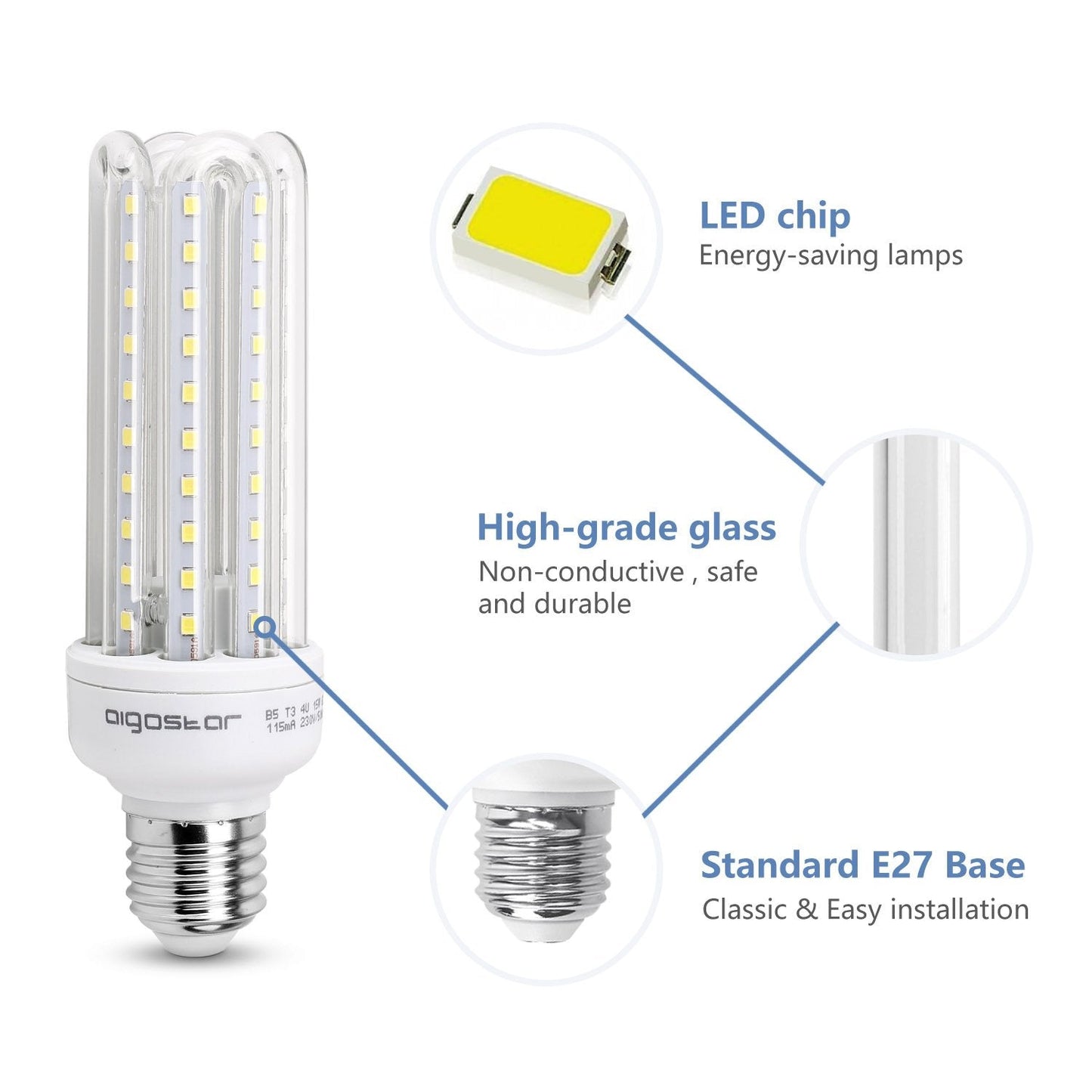 Een witte LED-korrellamp met E27-schroefdraad, voorzien van meerdere kleine LED’s in een korenbloemvorm, geschikt voor energiezuinige verlichting in huishoudelijke en commerciële ruimtes.