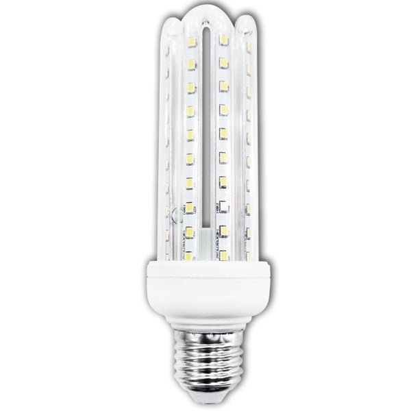 Een witte LED-lamp met E27-schroefdraad, voorzien van meerdere kleine LED’s in een korenbloemvorm, geschikt voor energiezuinig verlichting in huishoudelijke en commerciële ruimtes.