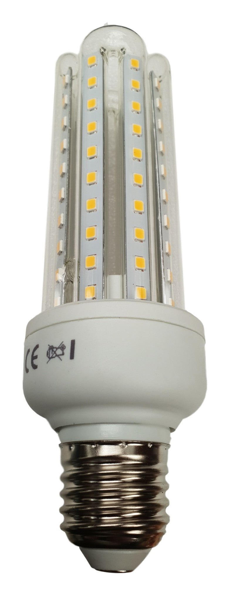 Een witte LED-lamp met een E27-schroefvoet en een transparante, korenbloemvormige kap met gele LED’s. Geschikt voor energiezuinige verlichting in huishoudelijke en commerciële ruimtes.