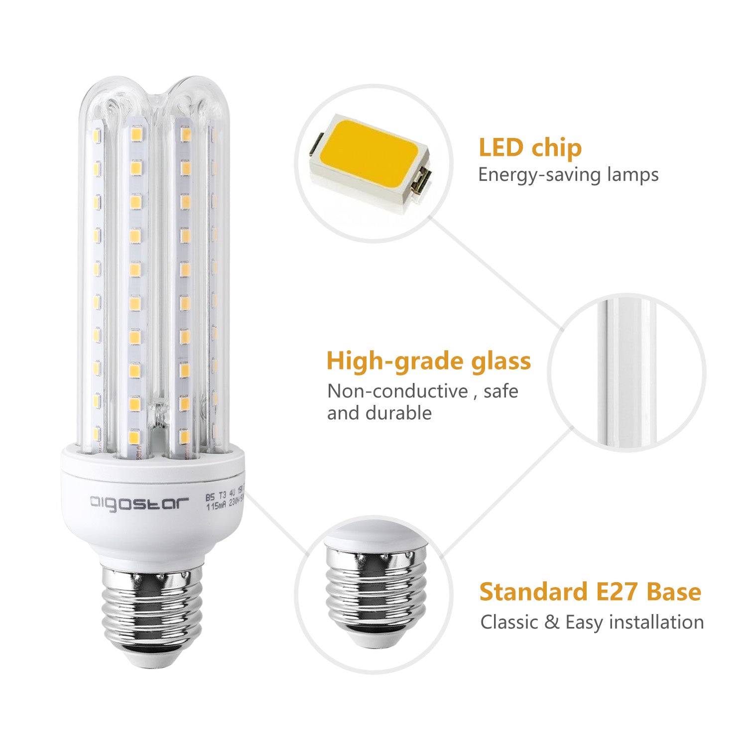 Een witte LED-lamp met E27-schroefdraad en een transparante, korenbloemvormige kap met gele LED’s. Geschikt voor energiezuinig verlichting in huishoudens en kantoren.