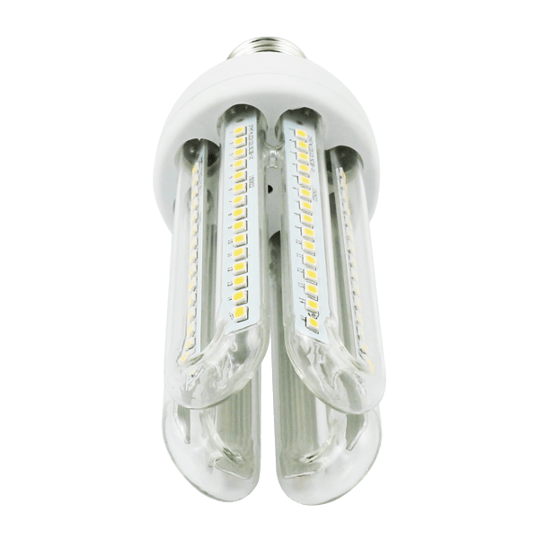 Een witte LED-lamp met E27-schroefdraad en drie verticale LED-balken, geschikt voor energiezuinig verlichting in huishoudelijk gebruik of commerciële ruimtes.