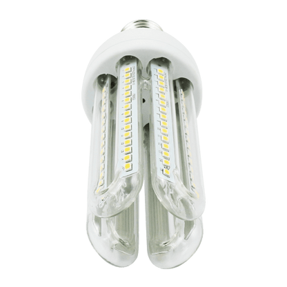 Een witte LED-lamp met E27-schroefdraad en drie verticale LED-balken, geschikt voor energiezuinig verlichting in huishoudelijk gebruik of commerciële ruimtes.
