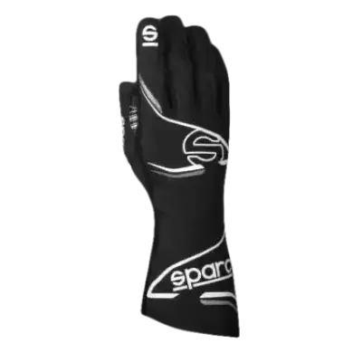 Zwart Sparco racehandschoen met witte logo’s en gestikte details, geschikt voor motorsport. Gebruik voor veiligheid en grip tijdens race- of trainingssessies.