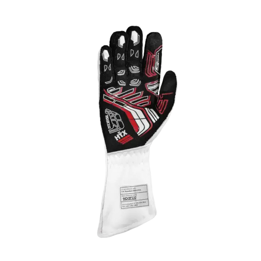 Een witte Sparco racehandschoen met zwarte logo’s en stiksels, gemaakt van lichtgewicht materiaal voor optimale grip en bescherming tijdens motorsport. Geschikt voor race- en rallytoepassingen.