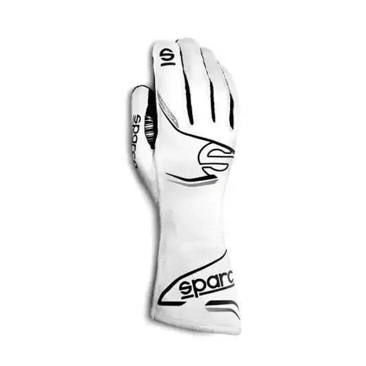 Zwart Sparco racehandschoen met witte logo’s en gestikte details, geschikt voor motorsport. Gebruik voor veiligheid en grip tijdens race- of trainingssessies.