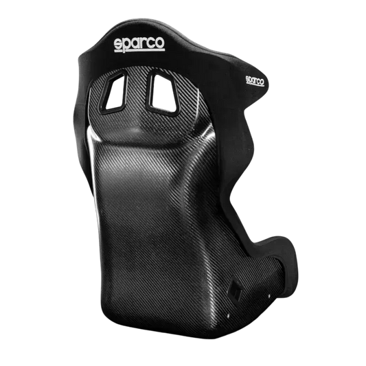Sparco Circuit II racestoel in zwart, met carbonvezelaccenten en witte logo’s. Geschikt voor raceauto’s en motorsport, met verstelbare hoofdsteun en sportieve vorm.