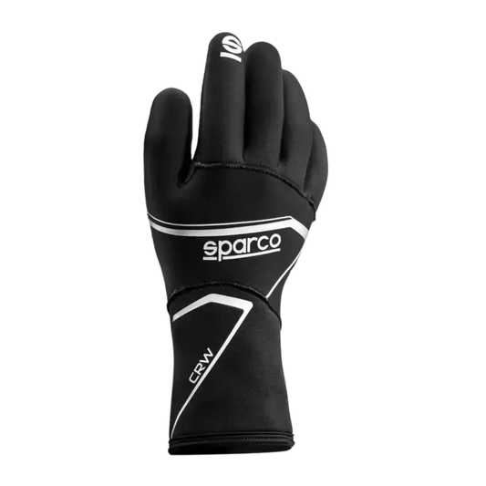 Zwart Sparco racehandschoen met witte logo’s en CRW-tekst, gemaakt van flexibel materiaal voor optimale grip. Geschikt voor motorsport en race-activiteiten waar hoge prestaties en bescherming essentieel zijn.