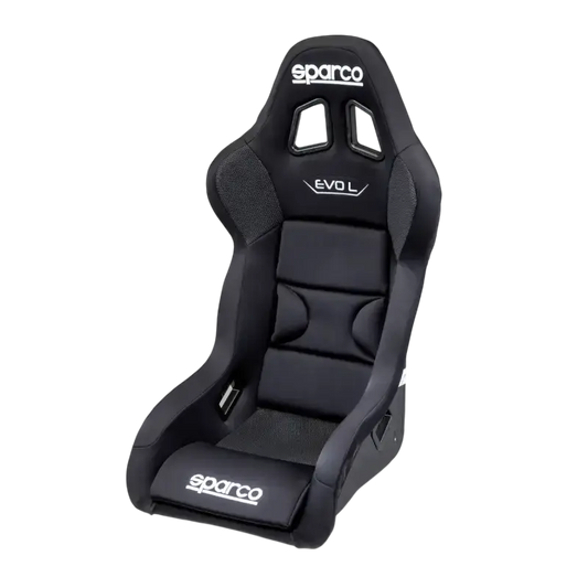 Sparco EVO racestoel in zwart, met gestikt logo en luchtgaten voor sportwagens. Geoptimaliseerd voor race- en rallytoepassing met comfortabele bekleding.