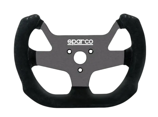 Sparco racestuur met zwart, textielbelegd stuurwiel en zichtbare merknaam. Geschikt voor race- en simulatiespeeltoestellen, met een sportief ontwerp en precisie-georiënteerde constructie.