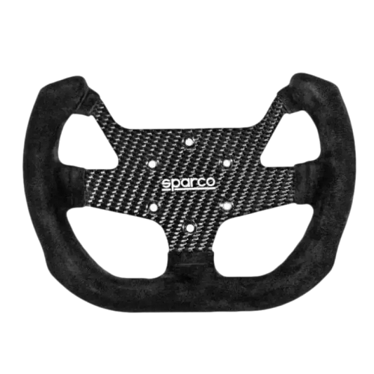 Sparco racestuur met carbonvezeltextuur en zwart fluweel, voor sportwagens. Geoptimaliseerd voor race- en rallytoepassingen met zichtbare merknaam.